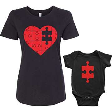 Threadrock Heart & Missing Piece Infant Bodysuit & Women's T-Shirt Matching Set (Baby: 6M, Black|Wom...