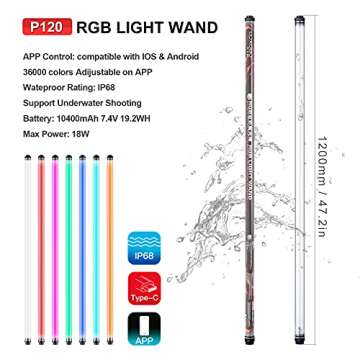 uyled P120 RGB Handheld Photography Light, APP Control 1350 Lumen LED Video Light Wand 360°Full Col...