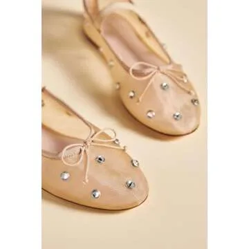 JORISTIMO Crystal Mesh Ballet Flats Stretch Band Snip Toe Ballerinas Flats Mary Jane Nude