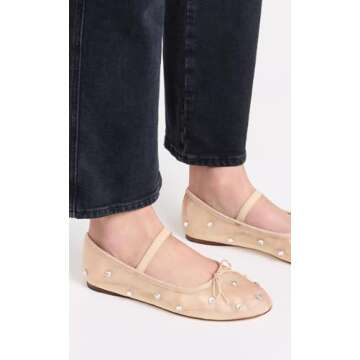 JORISTIMO Crystal Mesh Ballet Flats Stretch Band Snip Toe Ballerinas Flats Mary Jane Nude