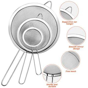 3 Pcs Super Wire Extra Fine Mesh Strainer with Handle, Small Medium Large Size Sifter Metal, Stainless Steel Sieve Strainers for Kitchen Rice Juice Quinoa Food Flour Baking YLYL