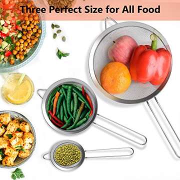 3 Pcs Super Wire Extra Fine Mesh Strainer with Handle, Small Medium Large Size Sifter Metal, Stainless Steel Sieve Strainers for Kitchen Rice Juice Quinoa Food Flour Baking YLYL