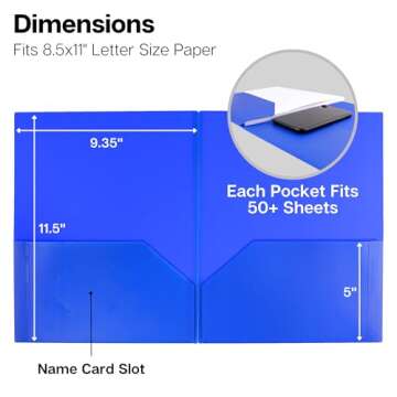 Dunwell Plastic 2-Pocket Folders (6 Pack, Assorted Colors), 8.5x11 Document Folders for School and Office, Heavy Duty Poly, Long Lasting, Includes Labels