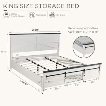 JXQTLINGMU King Farmhouse Bed Frame with Barn Door Storage and Solid Slats Support