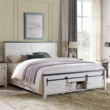 JXQTLINGMU King Farmhouse Bed Frame with Barn Door Storage
