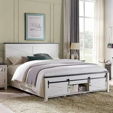 JXQTLINGMU King Farmhouse Bed Frame with Barn Door Storage