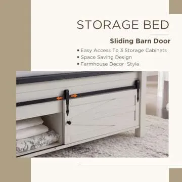 JXQTLINGMU King Farmhouse Bed Frame with Barn Door Storage