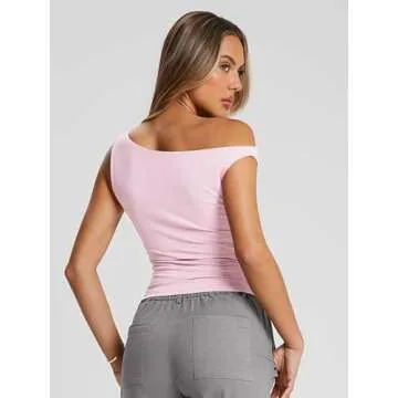 Trendy Queen Womens Off The Shoulder Tops Summer Shirts Going Out Crop Tank Top Plus Size Y2K Fashion Workout Outfits Pink M