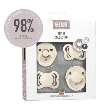 BIBS Try-it Baby Pacifier 4-Pack | BPA Free Soother, Made in Denmark, Size 1 (0-6 Months)