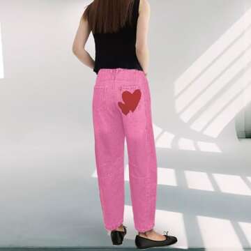 Trendy Barrel Jeans for Women with Heart Print