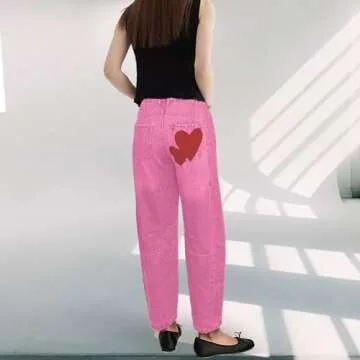 Trendy Barrel Jeans for Women with Heart Print