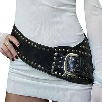 Women Wide Boho Disc Leather Belt Vintage Western Chunky Oval Concho Belt Y2k Grunge Accessories (C-Black, One Size)
