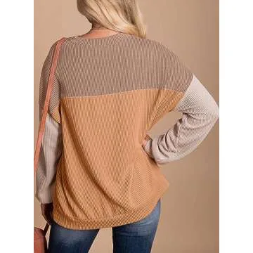 Dokotoo Womens shirts Fall Casual Long Sleeve Crewneck Color Block Y2k Pullover Ladies Waffle Stripe...