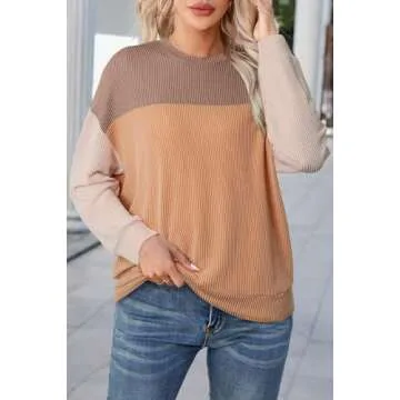 Dokotoo Womens shirts Fall Casual Long Sleeve Crewneck Color Block Y2k Pullover Ladies Waffle Striped Knitted Jumper Tops Womens Clothes Autumn Winter Tunics Blouses Khaki Large