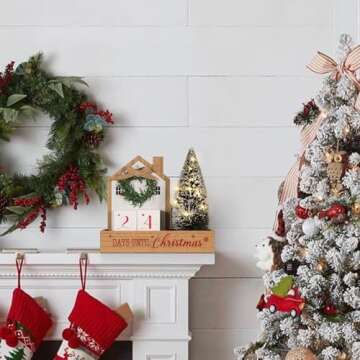 HOMirable Christmas Tree Countdown Block LED Lighted 99 Days Until Christmas Wreath Calendar Tabletop Number Date Rustic Wooden Home Decor Holiday Xmas Ornament Desk Decoration Gift