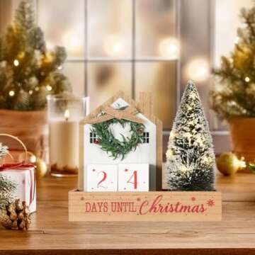 HOMirable Christmas Tree Countdown Block LED Lighted 99 Days Until Christmas Wreath Calendar Tabletop Number Date Rustic Wooden Home Decor Holiday Xmas Ornament Desk Decoration Gift