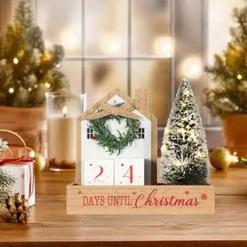 HOMirable Christmas Tree Countdown Block LED Lighted 99 Days Until Christmas Wreath Calendar Tabletop Number Date Rustic Wooden Home Decor Holiday Xmas Ornament Desk Decoration Gift