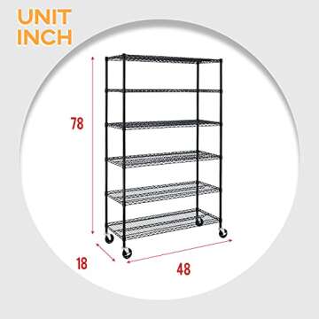 BestOffice NSF Wire Shelving Unit 6-Shelf Large Storage Shelves Heavy Duty Metal Wire Rack Height Adjustable Commercial Grade Utility Storage Rack on 4" Casters 6000LB Capacity 18x48x76,Black