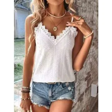 Sexy Lace Tank Tops for Women Summer Lace Splicing Spaghetti Strap Shirt Hollow Out Crochet Sleeveless Camisole(Medium,White)