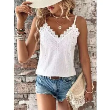 Sexy Lace Tank Tops for Women Summer Lace Splicing Spaghetti Strap Shirt Hollow Out Crochet Sleeveless Camisole(Medium,White)