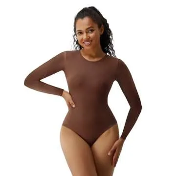 SHAPERX Women's Soft Crew Neck Bodysuit Fits Everybody Long Sleeve Body Suits Tops, SZ5242-Cocoa-S