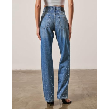 Elegant Kedera Women's Rhinestone Wide Leg Jeans