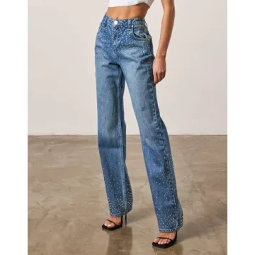 Elegant Kedera Women's Rhinestone Wide Leg Jeans