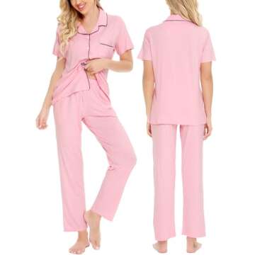 SWOMOG Women Pajama Sets Two-Piece Nightwear Short Sleeve Sleepwear Button Down Pj Lounge Sets with Long Pants Pink