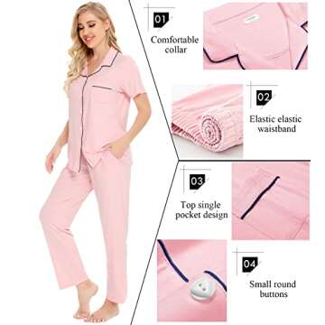 SWOMOG Women Pajama Sets Two-Piece Nightwear Short Sleeve Sleepwear Button Down Pj Lounge Sets with Long Pants Pink