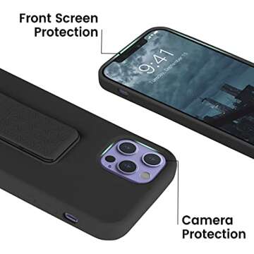 LAUDTEC Silicone Kickstand Case Compatible with iPhone 12/12 Pro, Vertical and Horizontal Stand Hand Strap Metal Kickstand Cover, Flexible Soft Liquid Silicone Stand Case for iPhone 12/12 Pro (Black)