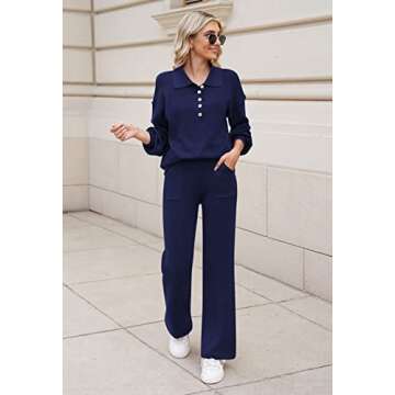 Pink Queen Lounge Sets For Women 2 Piece Outfits Set Pullover Ribbed Knit Top Sweatpants Pajama Set Navy Blue M