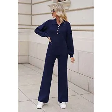 Pink Queen Lounge Sets For Women 2 Piece Outfits Set Pullover Ribbed Knit Top Sweatpants Pajama Set Navy Blue M
