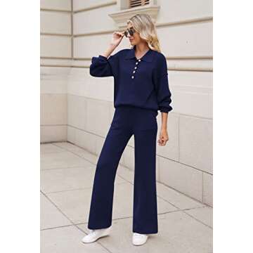 Pink Queen Lounge Sets For Women 2 Piece Outfits Set Pullover Ribbed Knit Top Sweatpants Pajama Set Navy Blue M