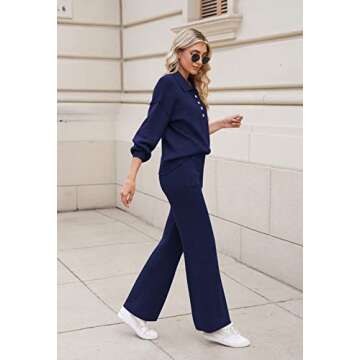 Pink Queen Lounge Sets For Women 2 Piece Outfits Set Pullover Ribbed Knit Top Sweatpants Pajama Set Navy Blue M