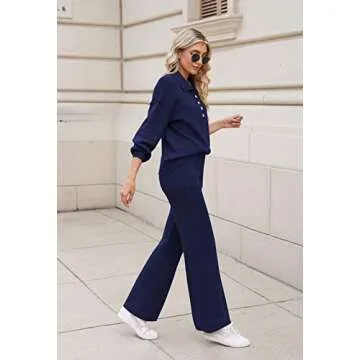 Pink Queen Lounge Sets For Women 2 Piece Outfits Set Pullover Ribbed Knit Top Sweatpants Pajama Set Navy Blue M