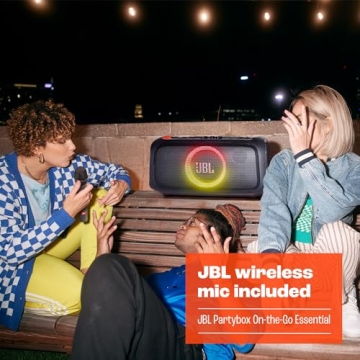 JBL PartyBox On-The-Go Essential - Portable Party Speaker with Built-in Lights and Wireless mic, Amazing Pro Sound, IPX4 splashproof Protection, 6 Hours of Playtime, Convenient Shoulder Strap