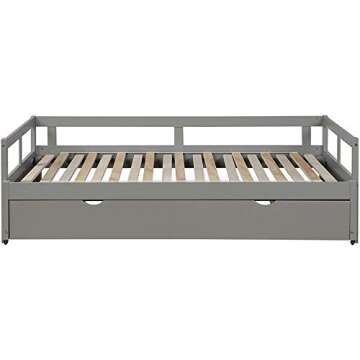 MERITLINE Daybed with Trundle,Twin to King Trundle Bed Extendable Design, Wooden Daybed/Sofa Bed for Bedroom Living Room,No Box Spring Needed,Grey