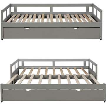 MERITLINE Daybed with Trundle,Twin to King Trundle Bed Extendable Design, Wooden Daybed/Sofa Bed for Bedroom Living Room,No Box Spring Needed,Grey