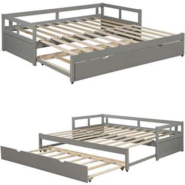 MERITLINE Daybed with Trundle,Twin to King Trundle Bed Extendable Design, Wooden Daybed/Sofa Bed for Bedroom Living Room,No Box Spring Needed,Grey