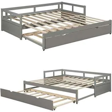 MERITLINE Daybed with Trundle,Twin to King Trundle Bed Extendable Design, Wooden Daybed/Sofa Bed for Bedroom Living Room,No Box Spring Needed,Grey