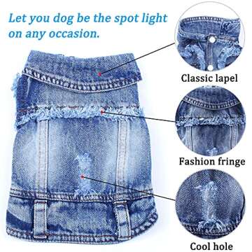 Brocarp Dog Jean Jacket, Blue Denim Lapel Vest Coat T-Shirt Costume Cute Girl Boy Puppy Clothes, Comfort and Cool Apparel, for Small Medium Dogs Cats, Machine Washable Outfits (Small, Blue)