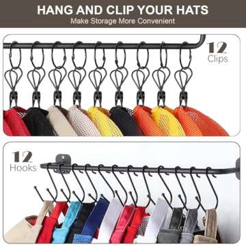 HYDERMUS Hat Rack for Wall with Shelf for 24 Baseball Caps Metal Hat Organizer with 12 Clips and 12 Hook Hat Holder Wall Mounted for Baseball Caps Trucker Hat and Others Hat Weathered Walnut