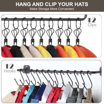 HYDERMUS Hat Rack for Wall with Shelf for 24 Baseball Caps Metal Hat Organizer with 12 Clips and 12 Hook Hat Holder Wall Mounted for Baseball Caps Trucker Hat and Others Hat Weathered Walnut