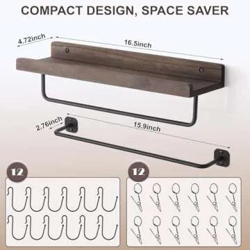 HYDERMUS Hat Rack for Wall with Shelf for 24 Baseball Caps Metal Hat Organizer with 12 Clips and 12 Hook Hat Holder Wall Mounted for Baseball Caps Trucker Hat and Others Hat Weathered Walnut
