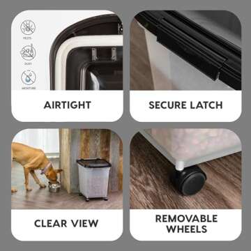 IRIS USA WeatherPro Airtight Dog Food Storage Container, Up to 25 lbs, Removable Wheels, for Dog Cat Bird and Other Pet Food Storage Bin, Keep Fresh, Translucent Body, Clear/Black