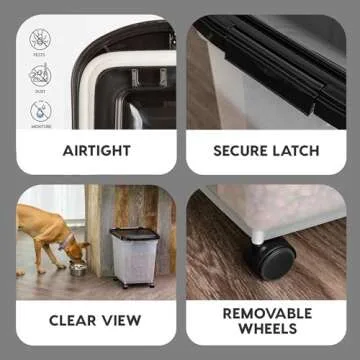 IRIS USA WeatherPro Airtight Dog Food Storage Container, Up to 25 lbs, Removable Wheels, for Dog Cat Bird and Other Pet Food Storage Bin, Keep Fresh, Translucent Body, Clear/Black