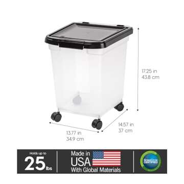 IRIS USA WeatherPro Airtight Dog Food Storage Container, Up to 25 lbs, Removable Wheels, for Dog Cat Bird and Other Pet Food Storage Bin, Keep Fresh, Translucent Body, Clear/Black