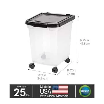IRIS USA WeatherPro Airtight Dog Food Storage Container, Up to 25 lbs, Removable Wheels, for Dog Cat Bird and Other Pet Food Storage Bin, Keep Fresh, Translucent Body, Clear/Black