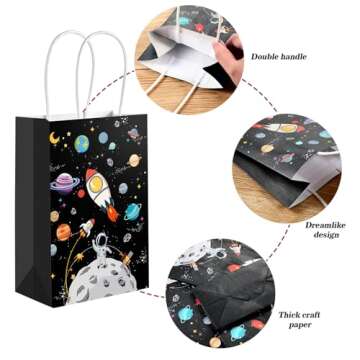 Outer Space Gift Bags Galaxy Party Favor Planet Paper Treat Goodie Bags for Birthday Space Theme Party Supplies (With Handles,12 Pack)