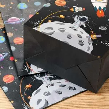 Outer Space Gift Bags Galaxy Party Favor Planet Paper Treat Goodie Bags for Birthday Space Theme Party Supplies (With Handles,12 Pack)